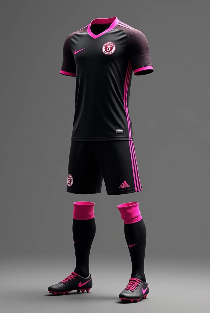 Make me a complete soccer uniform that the colors are black with pink details, Nike or Adidas brand