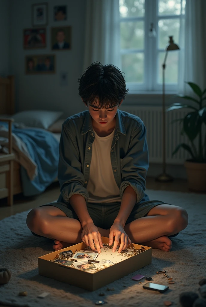 Generates an image of a boy kneeling in his room looking at a box of memories from his ex-partner 