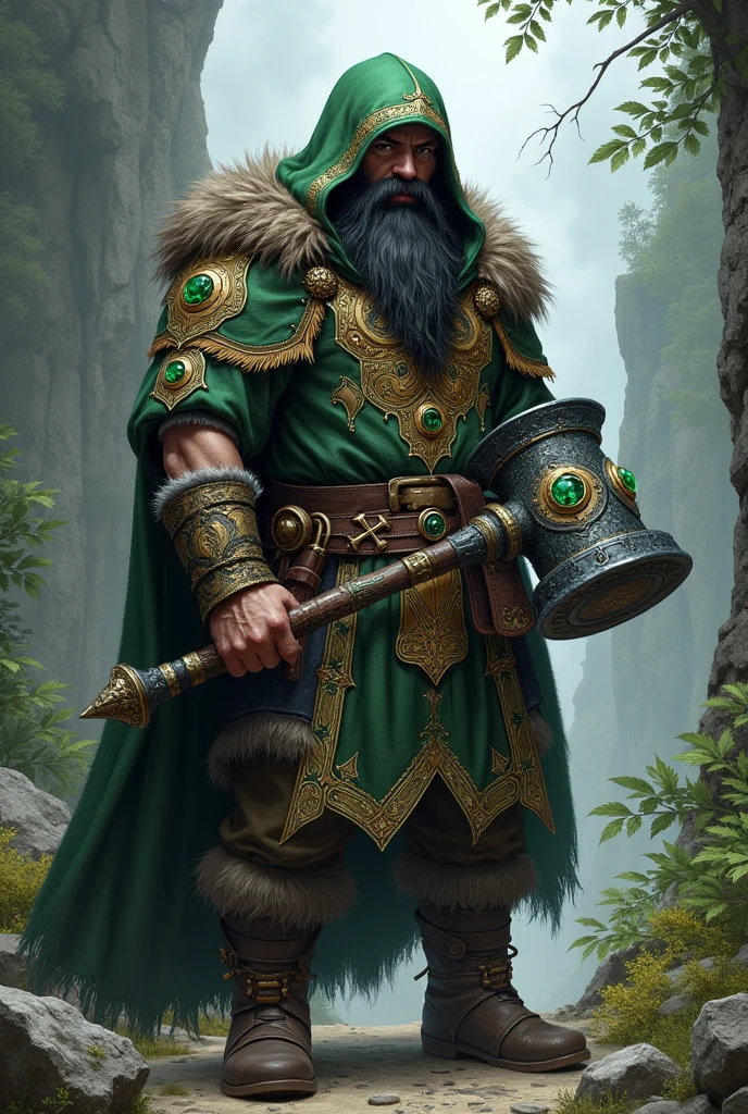 an RPG character, a dwarf with a long black beard, wearing a hood and green and gold clothes holding a Nordic hammer with a green jewel on the pommel of this hammer