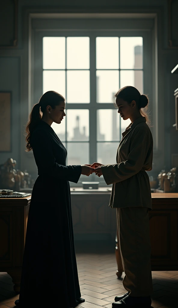 A woman representing the factory owners, with a stern expression, hands a signed document to a worker; late 19th century; the woman is dressed in a dark, formal dress with a high collar, and the worker in plain, worn clothes; inside a dimly lit office with wooden furniture and a large desk; the action focuses on the exchange of the document, symbolizing the agreement; in the background, a large window shows the factory outside; medium shot, centered on the two women; hyper-realistic, photo realism, cinematography. Photo realism, cinematography.
