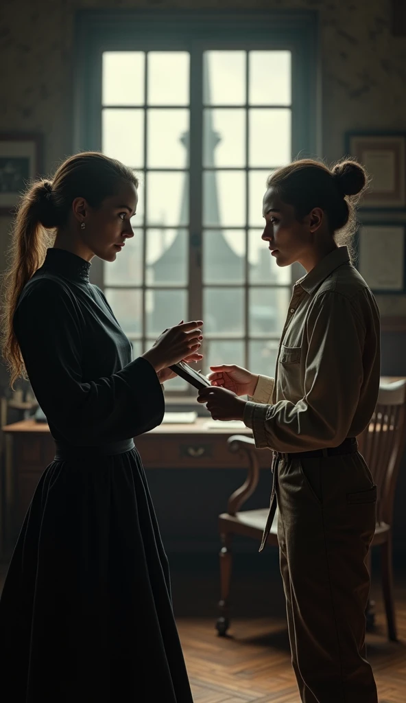 A woman representing the factory owners, with a stern expression, hands a signed document to a worker; late 19th century; the woman is dressed in a dark, formal dress with a high collar, and the worker in plain, worn clothes; inside a dimly lit office with wooden furniture and a large desk; the action focuses on the exchange of the document, symbolizing the agreement; in the background, a large window shows the factory outside; medium shot, centered on the two women; hyper-realistic, photo realism, cinematography. Photo realism, cinematography.