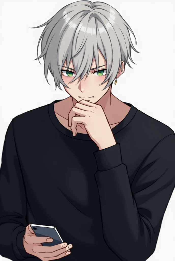 This image is、Shows the illustration of a young man。He is wearing a black sweatshirt、While holding the smartphone in one hand、The other hand is supporting the chin。His hair is short、In pale grey、I feel a little disorganized.、The eyes are bright green。His expression seems a little thoughtful.、It creates a calm atmosphere。The background is simple、His appearance stands out。overall、Stylish and attractive visuals。good looking。Adult male。