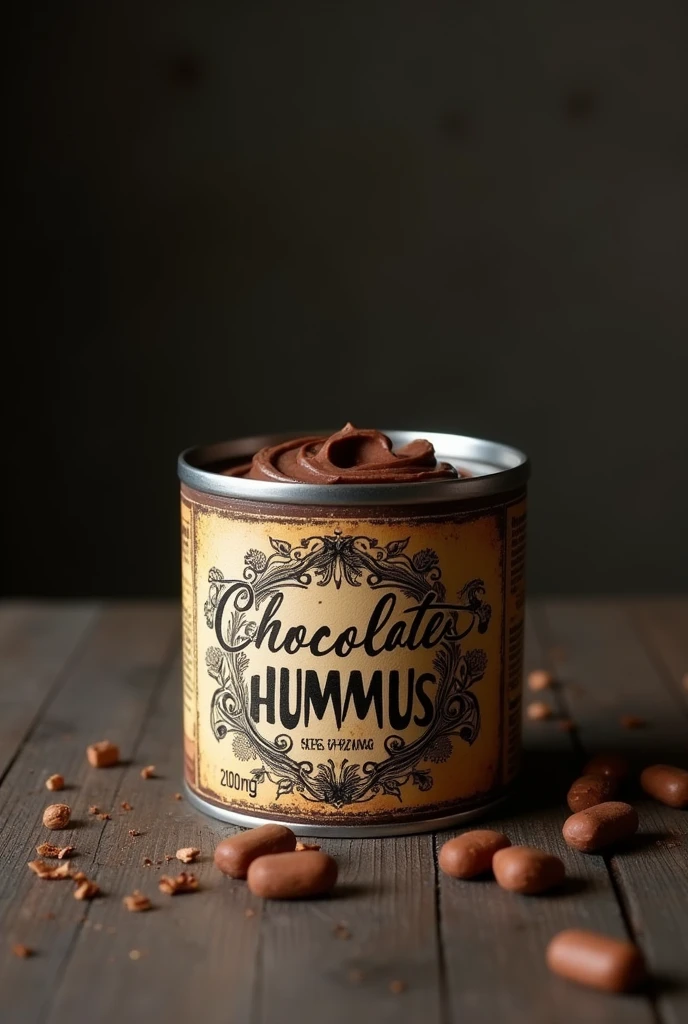 Create an image of a chocolate hummus container that is tin-type and has a creative label on the front but is covered..
