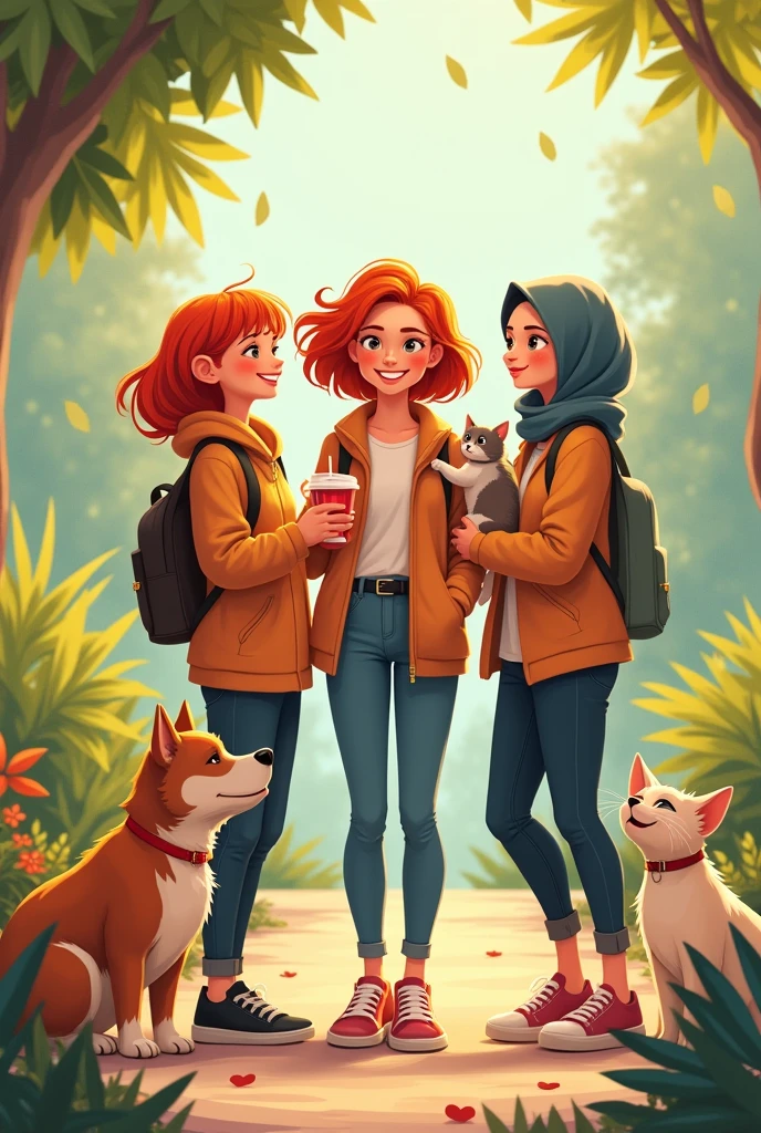 Create image of me and my friends. .We are girls
One friend is short in height and she have short hair looking blood have a dog
Iam a tall person and have long hair
Other friend is medium in height and wear hijab have a cat