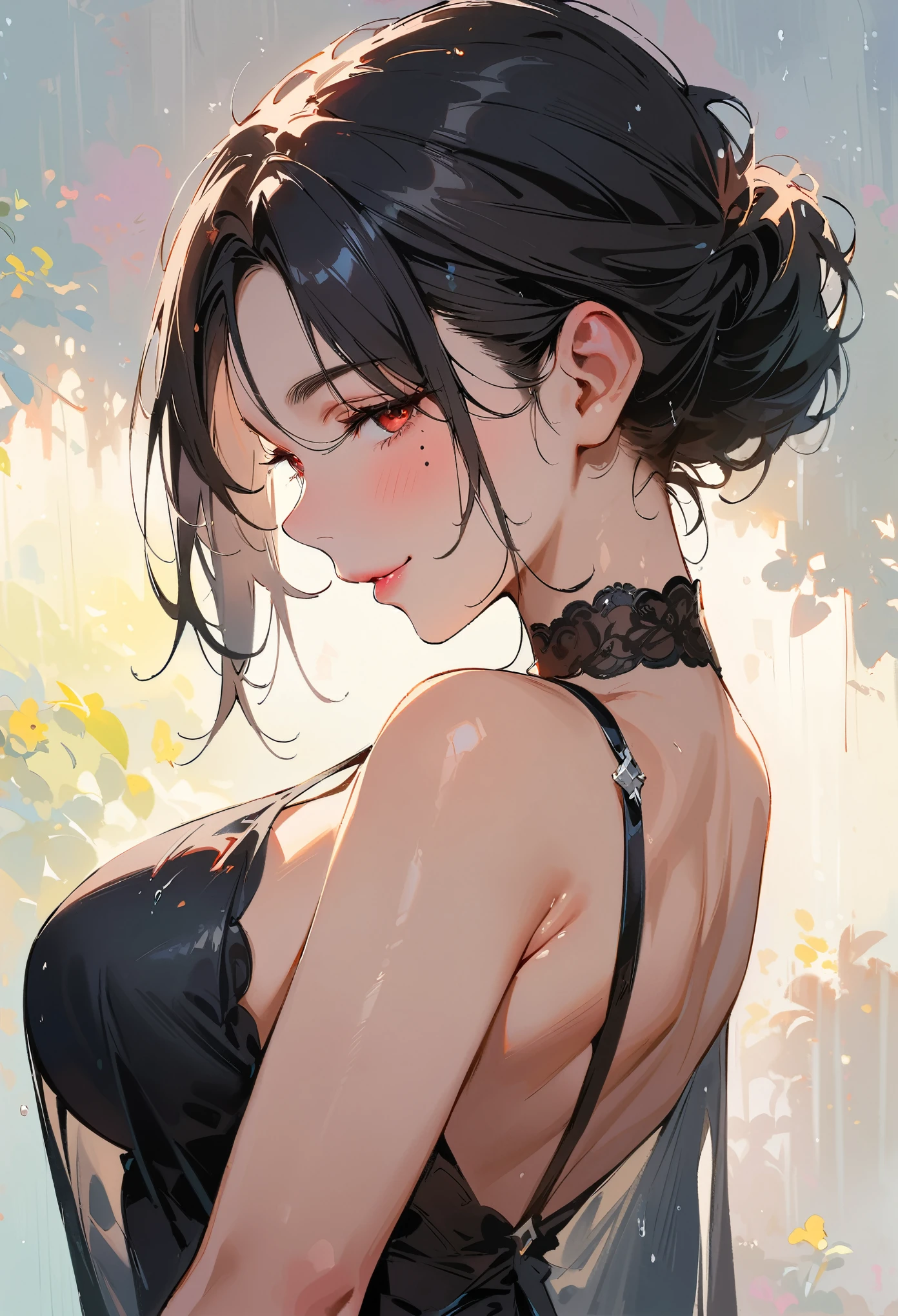 (masterpiece, best quality:1.4), 1 girl, 独奏, Blood red pupil, Delicate pupils, Blurred eyes, Close your left eye, Smile, Profile,Tilt your head back 45 degrees, Right tear mole, (Black hair:1.2), Shiny hairstyle, huge breasts, Mini Girls, Backlight, Rainy Day, Black Tulle Evening Dress, Works by top portrait painters, Black and white gradient background.