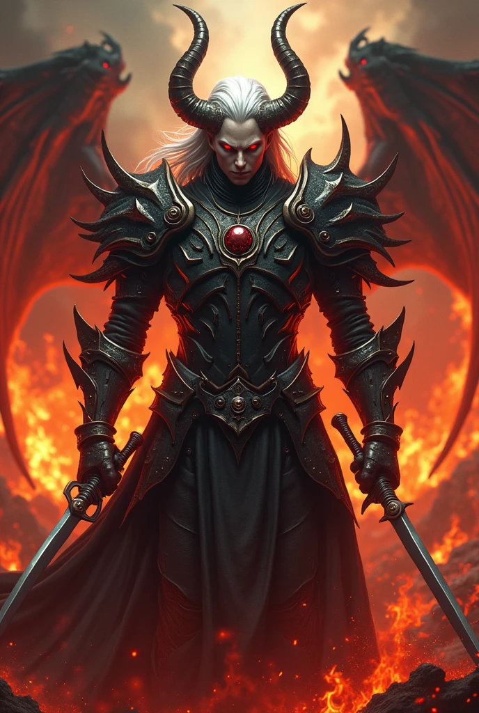 Hellish fire scene, hyper realistic, highly detailed, handsome male, white skin, bright red eyes, detailed demon armor, wielding two swords, fierce expression, sinister, dominant pose, bloody, white hair, realistic, no wings, no horns