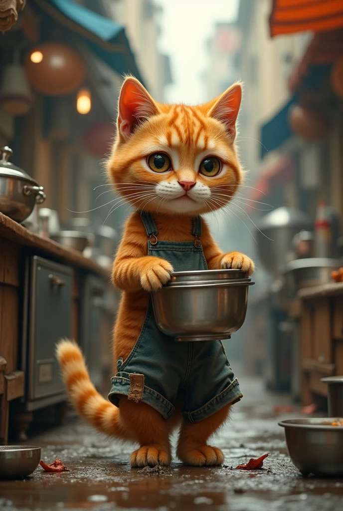 A cute close-up of an orange cat wandering around the city., kitchen, complicated details, ((Cat washing dishes)) ,Two-legged standing,Torn clothes, Walk on two legs,sad,Sell