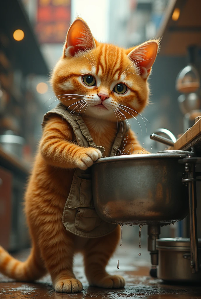 A cute close-up of an orange cat wandering around the city., kitchen, complicated details, ((Cat washing dishes)) ,Two-legged standing,Torn clothes, Walk on two legs,sad,Sell