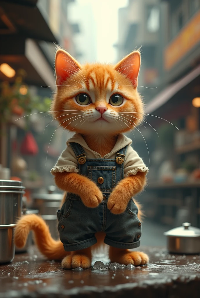 A cute close-up of an orange cat wandering around the city., kitchen, complicated details, ((Cat washing dishes)) ,Two-legged standing,Torn clothes, Walk on two legs,sad,Sell