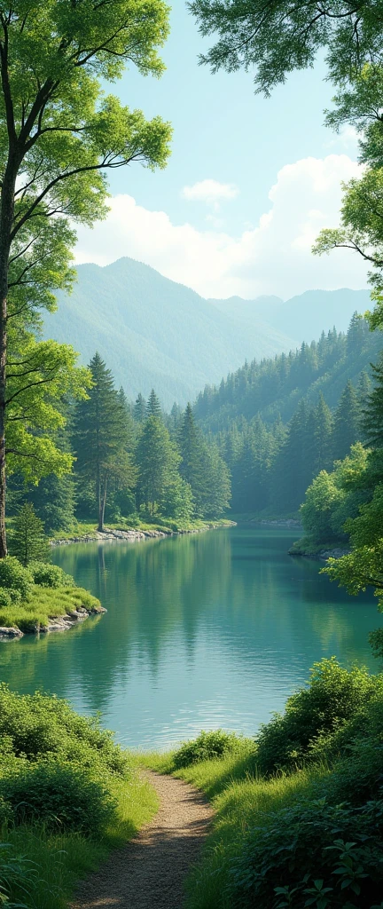 Forest near a lake with trees and bushes, preservation of the environment, energy-saving.