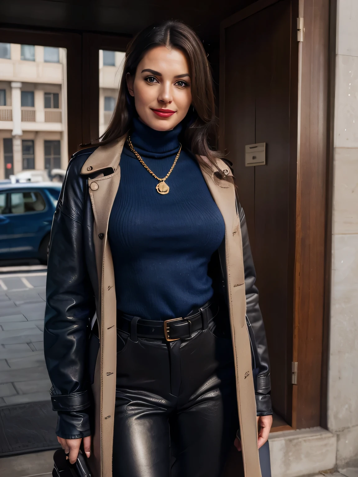 photo of a completly clothed prime minister of parliament woman with a killer smile standing in front of the parliament office she just came out from the taxy ( no nudity) ,waitin for the man she loves , monica bellucci at 32 , ((incredibly clear clear blue eyes )) (( flirting with the camera)) (( standing in front of the camera)) (( smart smiling lookin at the camera)) (( red lipstick)) (( Monica is dressed with a long leatehr coat over a blue tellier jacket blue turtleneck sweater , gold chain, and black leather pants inside the boots,:1.2 )) (( black soft stiletto pirate high knee stiletto heels Leather boots )) (( black ponytail hair)) (( she is wearing his favorite vintage black silk gloves )) (( she is standing  with a luger gun in her gloved hand, watin to shoot)) (( full figure woman)) (( the photo is from up front worms eyes view )) 4k 8k ultradetailed, kodak print, detailed realistic face, 4k 8k ultradetailed, smooth images, realistic woman, detailed eyes, detailed face, detailed lips