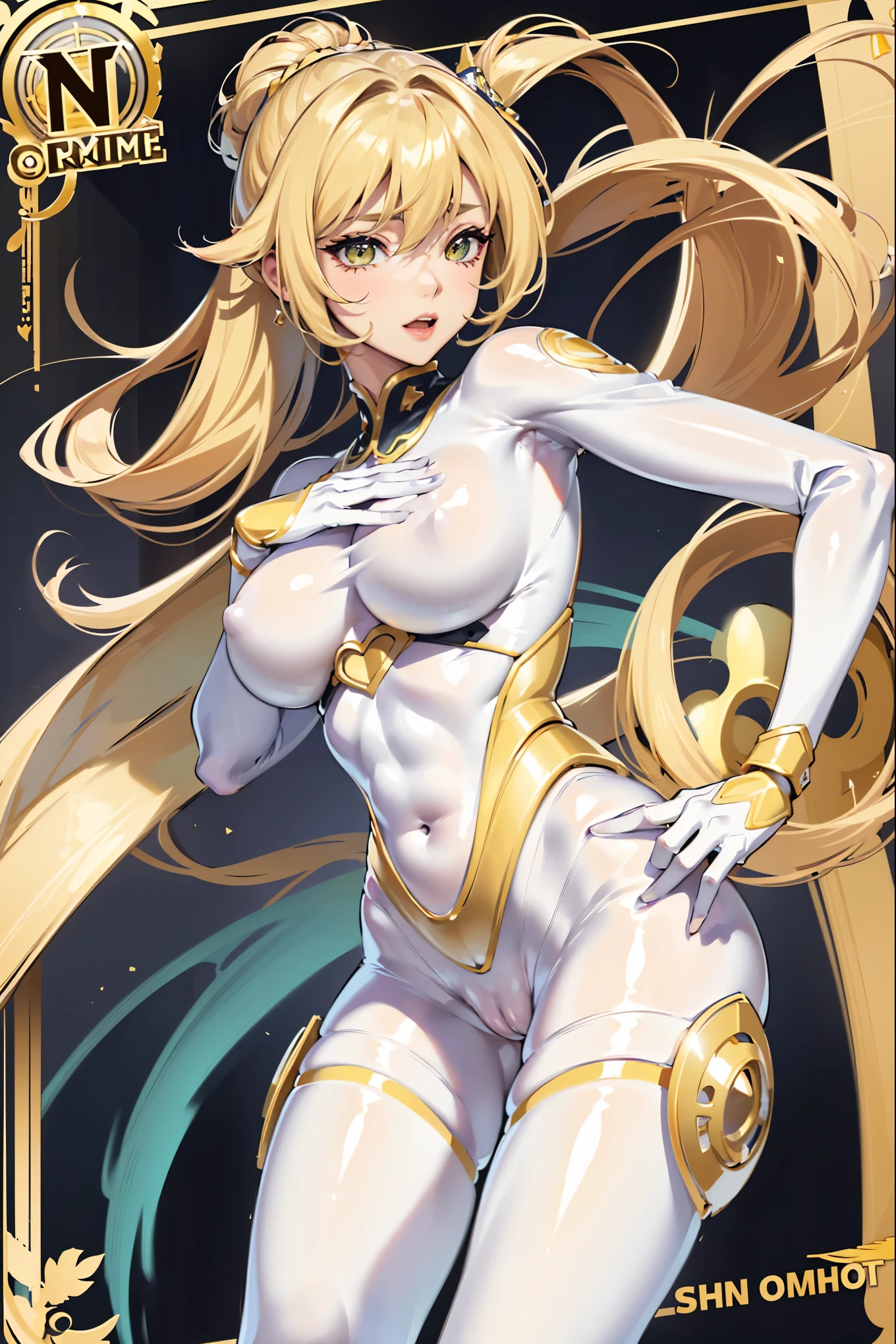 (masterpiece:1.2, Highest quality),(Very detailed),8K,wallpaper,1 female,Mature Woman,4,Sentai heroine colorful, Muscular,((white line on vivid yellow metallic squadron suit)),(((betterhand))),(The background is aurora rainbow),Random hairstyle,Random pose,(((Beautiful female hands,detailed drawing of a hand))),cyber punk,((Beautiful trading cards,gold framed)), ((cameltoe)),