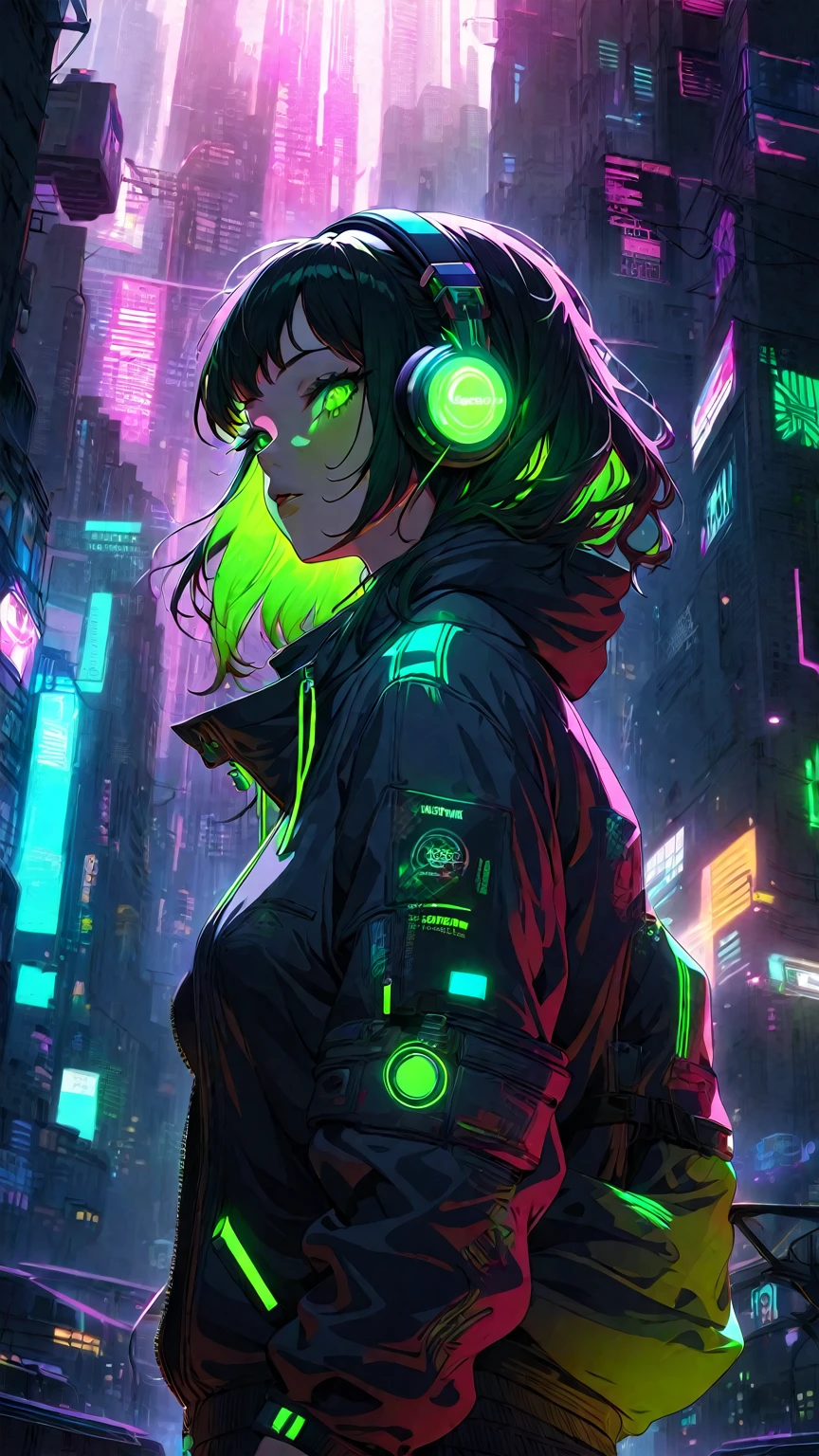 Woman wearing headphones in a futuristic city, Cyberpunk atmosphere, Cyberpunk atmospheres, Cyberpunk Anime Girl, digital Cyberpunk anime art, Cyberpunk art style, anime cyberpunk art, Cyberpunk anime art, Dreamy Cyberpunk Girl, Bright Cyberpunk Glow, Digital Cyberpunk - Anime Art, Cyberpunk Anime Girl in hoodie, female Cyberpunk Anime Girl, Aesthetic Cyberpunk, Cyberpunk themed art, Cyberpunk Vibrant Colors