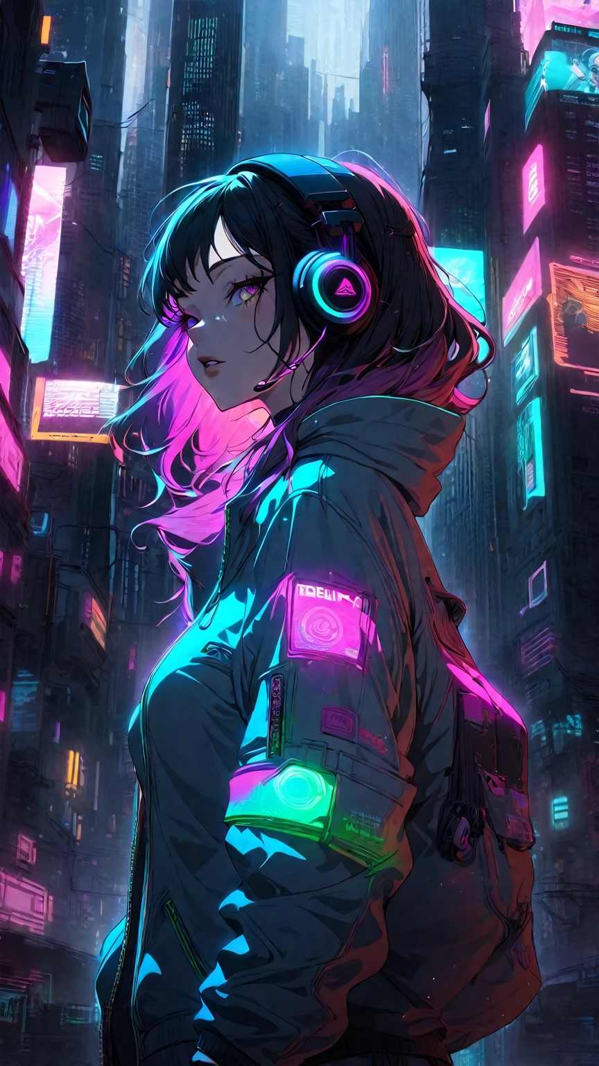 Woman wearing headphones in a futuristic city, Cyberpunk atmosphere, Cyberpunk atmospheres, Cyberpunk Anime Girl, digital Cyberpunk anime art, Cyberpunk art style, anime cyberpunk art, Cyberpunk anime art, Dreamy Cyberpunk Girl, Bright Cyberpunk Glow, Digital Cyberpunk - Anime Art, Cyberpunk Anime Girl in hoodie, female Cyberpunk Anime Girl, Aesthetic Cyberpunk, Cyberpunk themed art, Cyberpunk Vibrant Colors