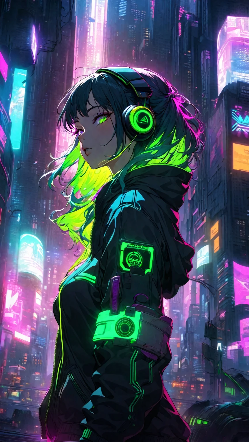 Woman wearing headphones in a futuristic city, Cyberpunk atmosphere, Cyberpunk atmospheres, Cyberpunk Anime Girl, digital Cyberpunk anime art, Cyberpunk art style, anime cyberpunk art, Cyberpunk anime art, Dreamy Cyberpunk Girl, Bright Cyberpunk Glow, Digital Cyberpunk - Anime Art, Cyberpunk Anime Girl in hoodie, female Cyberpunk Anime Girl, Aesthetic Cyberpunk, Cyberpunk themed art, Cyberpunk Vibrant Colors