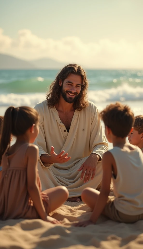 Smiling Jesus is sitting on the ground with children on a beach in the year 2024