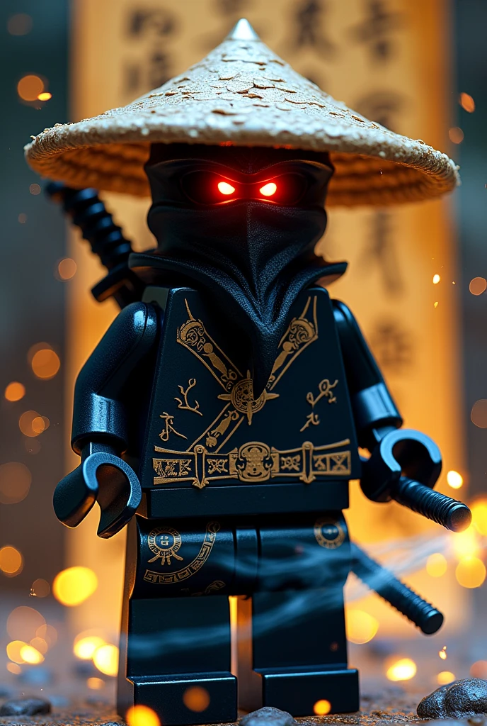 Créer moi un lego ninja go premier maitre du spijisufuturiste de la dernière puissance dimensionaire un ninja avec un chapeau de paille pointu en noir sur la tête noir et un masque de couleur noir profond, gris, bleu clair sur la tête et un petit bandeau noir profond autour de la bouche, avec une peau sombre noir et il faut des traces d’électricité jaune et bleu foncé dans le visage et un regard terrible de noirceur avec des yeux ridé en rouge fonce profond brillant avec une puissance incroyable avec comme puissance élémentaire l’électrique, l’énergie, la terre, le feu, la glace. Les habits du ninja doit être en noir anthracite, bleu nocturne et golden suprême et fer anthracite avec des reure en forme d’électricité bleu clair et jaune brillant et des écritures japonaises et le parchemin antique sacré le plus puissant en golden. Un ninja imbattable monstrueux beaucoup trop puissant qui contrôle tous les pouvoirs élémentaires. Le ninjadoit être destructeur et soif de victoire un gentil et mechant avec un sabre dans le dos