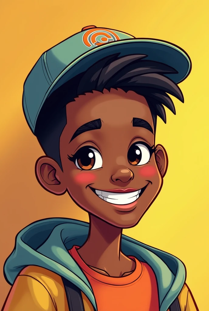 make a teenager around 20 years old black wearing a cap and smiling in cartoon format