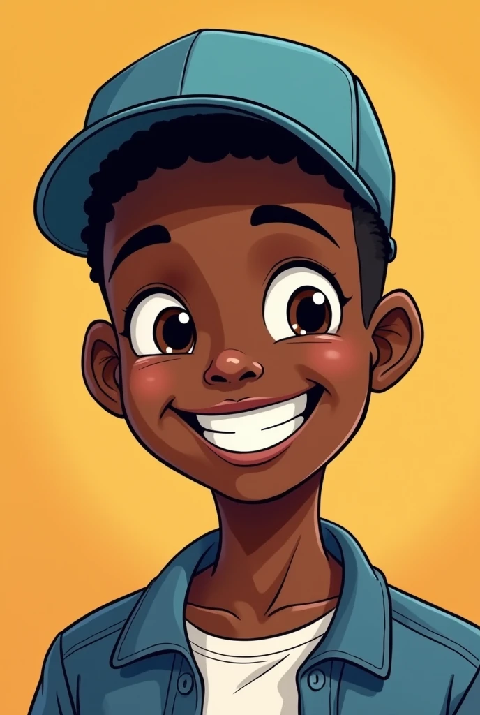 make a ager around 20 years old black wearing a cap and smiling in cartoon format