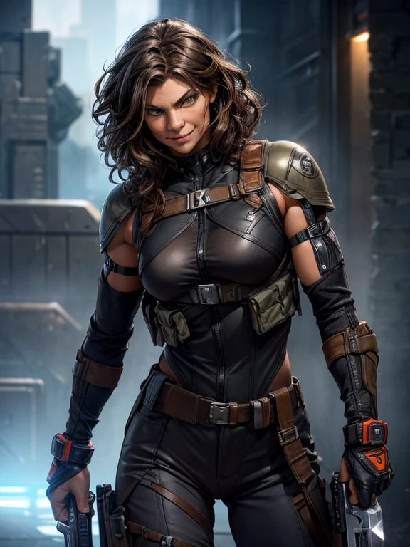 High Quality ultra realistic image of a woman. The woman is a mixture of native american and jewish. Strong features, fair skin. Dark brown curly hair, dark eyes. The woman is dressed in semi-futuristic combat attire. She has guns and knives strapped around her body. The beautiful woman has a smirk. Her eyes glare with hate.