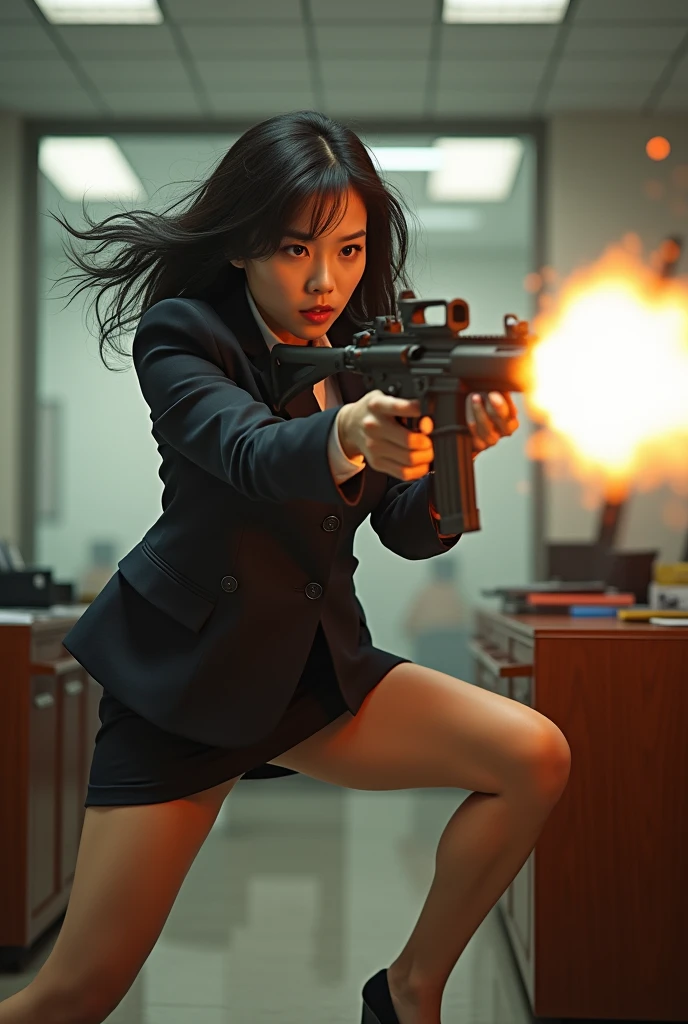 beautiful chinese office lady mini skirt realistic machine gun toting hip firing real person legs apart standing rampage shooting side facing