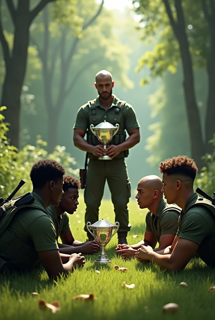 Four soldiers lying on a lawn in a forest, they are watching a diamond trophy, who is standing in front of them, the soldiers are wearing bulletproof vests and have weapons hanging on their backs, there are 4 soldiers, two of them have dark skin, Of those with dark skin, one has short curly hair and the other has longer curly hair., the others have light skin, one with a pompadour and the other bald.