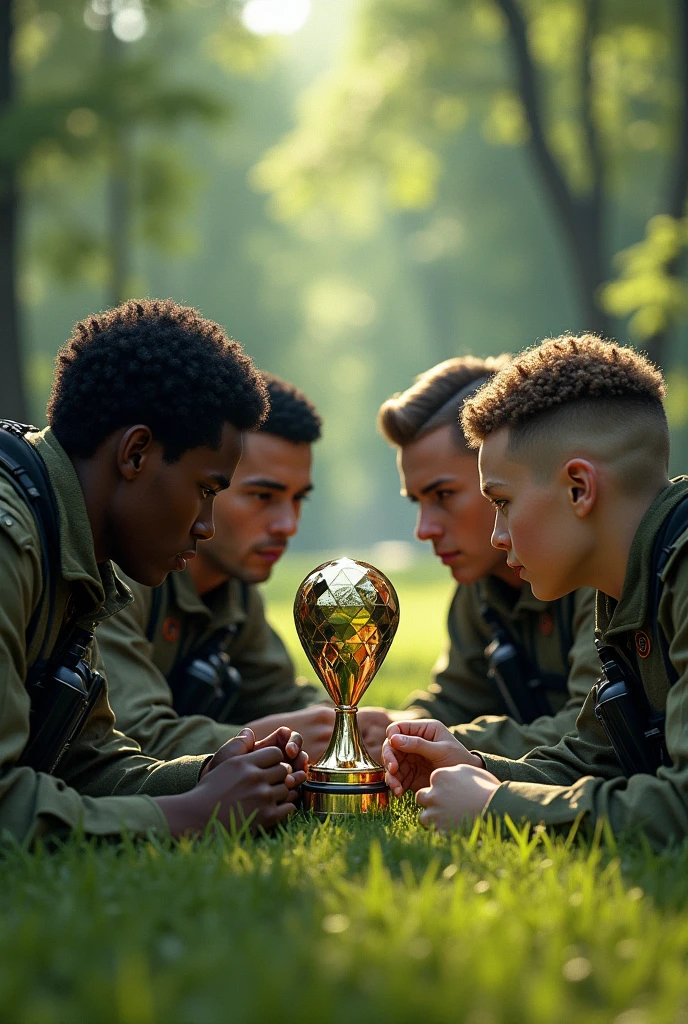 Four soldiers lying on a lawn in a forest, they are watching a diamond trophy, who is standing in front of them, the soldiers are wearing bulletproof vests and have weapons hanging on their backs, there are 4 soldiers, two of them have dark skin, Of those with dark skin, one has short curly hair and the other has longer curly hair., the others have light skin, one with a pompadour and the other bald.