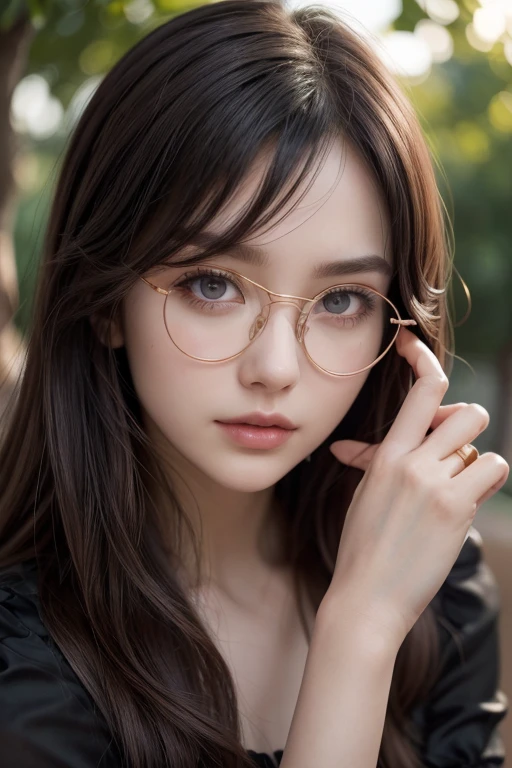 Hourglass-shaped, curvaceous body、,In adult women、Her hair is dark brown and very long、The face is perfect、The eyes are violet、Your lips are red and hot ,Wearing a black dress、 (((gold-rimmed round glasses))),(Glasses)、 Detailed and perfect、high qualityハイパーリアリズム,high quality,Detailed,Super detailed 超リアリズム,Photorealism,Portraiture,Super detailed,Vibrant,Rose gold,dark,Android Jones、The background is the garden party venue.