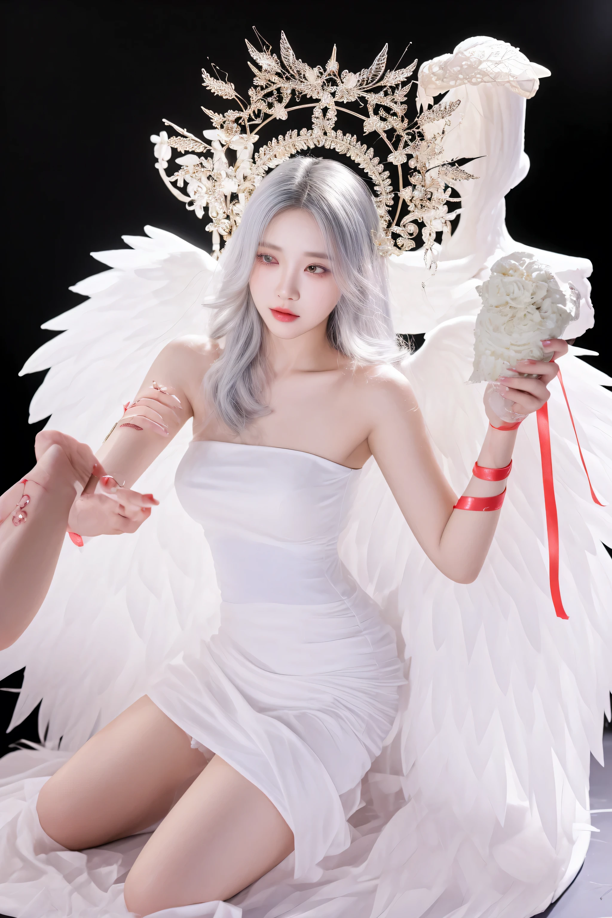 there is a woman dressed as an angel holding a cake, full - body majestic angel, young wan angel, white wings, sun yunjoo, captured on canon eos r 6, heonhwa choe, angel in plastic armor, wearing angel, of beautiful angel, angelic wings on her back, sha xi, angel-themed, beautiful female angel, taejune kim