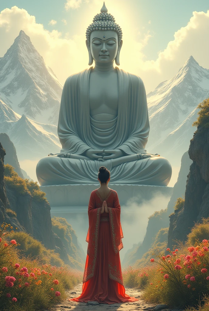 Imagine a woman in traditional clothing，Hands together，Standing in front of the big Buddha statue of Bodhisattva。The Buddha is kind，Surrounded by white mountains and gorgeous flowers，The sun shines on her，Create a sacred atmosphere。
