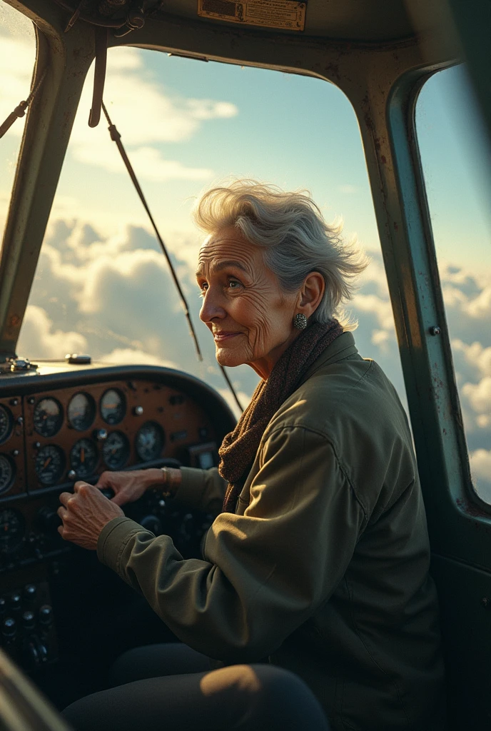 An old lady flying a plane