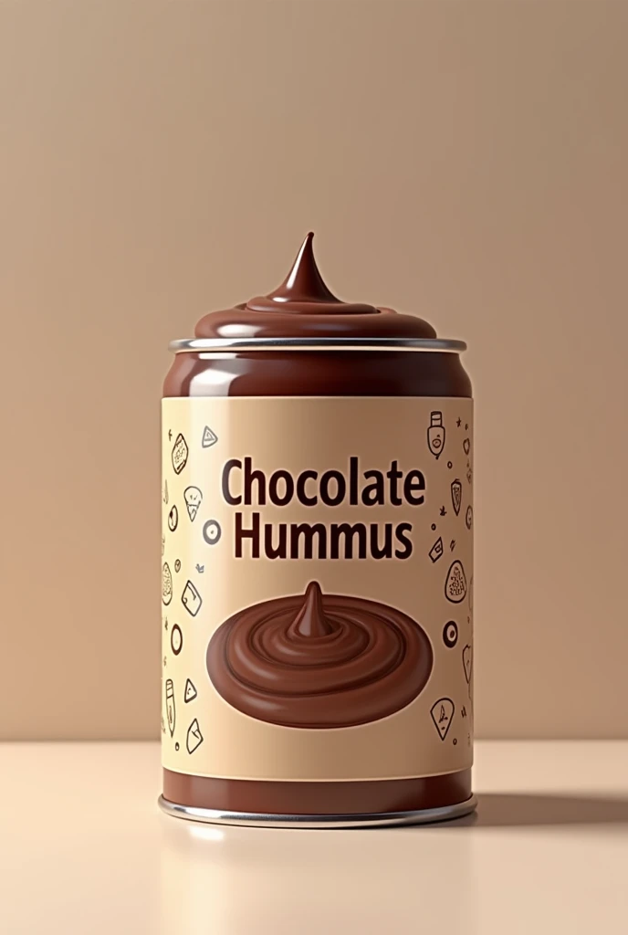 Create an image of a chocolate hummus container that is can-type and has a creative label in front of it that says it is canned..