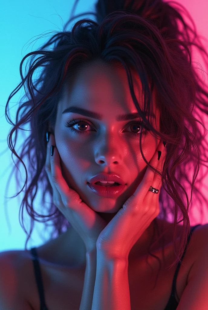 ((Best Quality)), ((masterpiece)), (detailed: 1.4), ..3D, an image of a beautiful cyberpunk woman with thick voluminous hair, light particles, Pure energy, chaos, antitech, HdR (High Dymanic Range), ray tracing ,laboratory:1.4, NVIDIA RTX, Super-Resolution, Unreal 5, subsurface dispersion, Textured PBR, post-processing, Anisotropic filtering, depth of field, Maximum clarity and sharpness, Multilayer textures, Albedo and specular maps, surface shading, Accurate simulation of light-material interaction,perfect proportions,Octane representation,two tone lighting,wide opening,Low ISO,white balance,(Blue background+rosado:1.4),detailed hands:1.4, rule of thirds,RAW 8K, unreal engine:1.4,UHD,La Best Quality:1.4, photorealistic:1.4, skin texture:1.4, masterpiece:1.8,