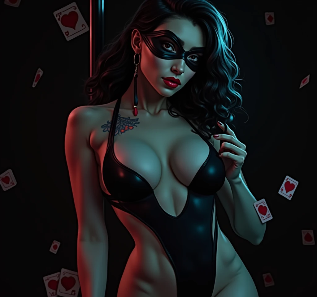 create a book cover, a casino tycoon and a masked nightclub dancer, the woman wears a sensual outfit, the lips painted red. place elements like playing cards, pole dancing