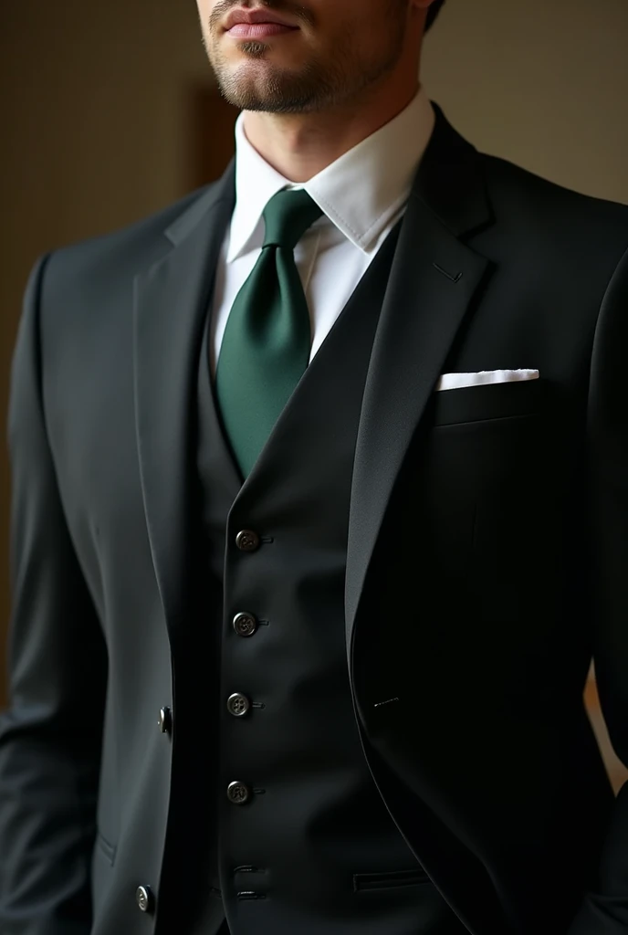 Matt black suit close white inner shirt with dark green tie