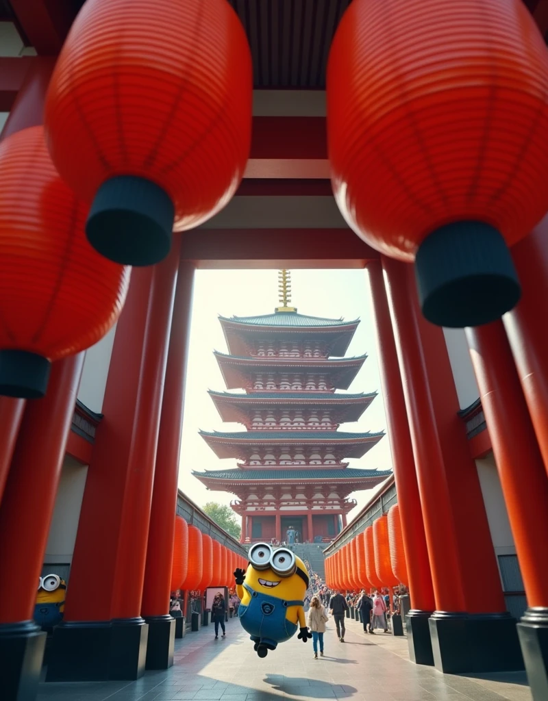 Minion Kevin . Kevin visits Senso-ji Temple in Asakusa.He playfully climbed up the giant lanterns hanging in front of the temple gate. Kevin&#39;s distant view 