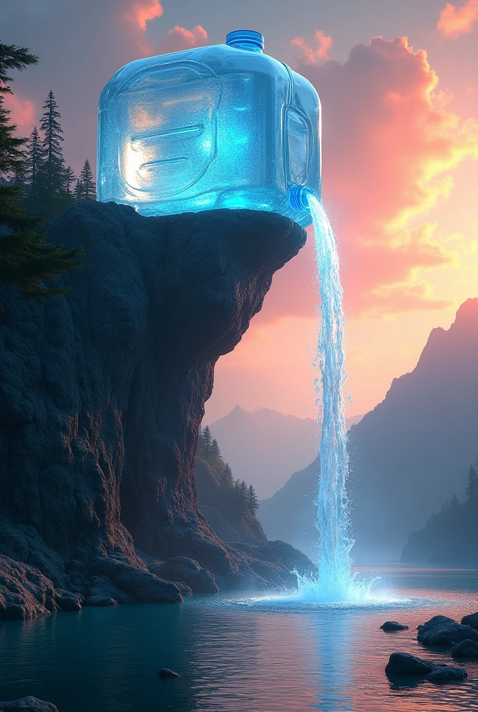 A (((gigantic plastic water jug))) is lying on its side on top a mountain cliff, it is spillint out and  pouring out a waterfall into a lake, Hyper realistic, intricate details, glowing scenery, sunset, fantasy,   concept art