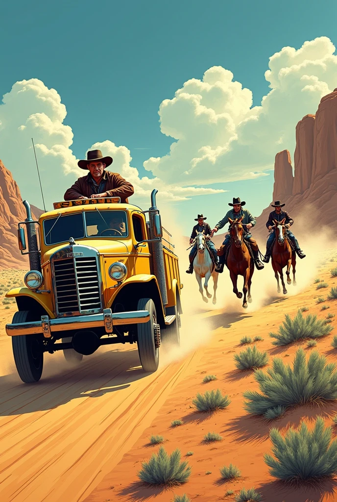 Hyperrealistic color comic from the 1950s in the middle of the desert, the sheriff travels in his truck chasing three cowboys who shoot with their pistols