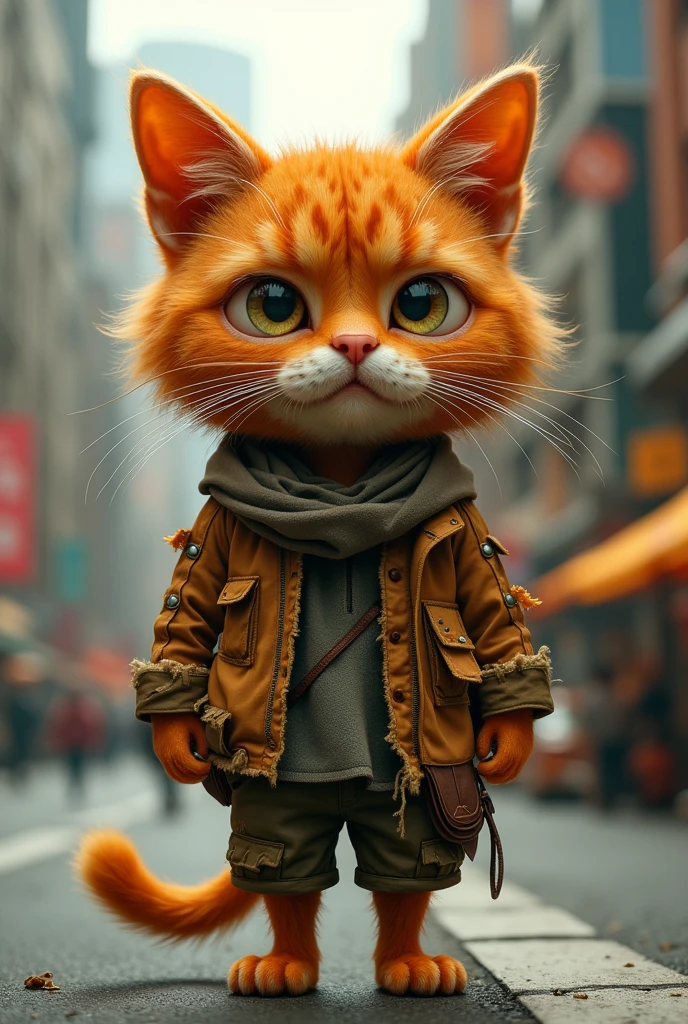 A cute close-up of an orange cat wandering around the city., kitchen, complicated details, ((Construction Cat)) ,Two-legged standing,Torn clothes, Walk on two legs,sad,Sell