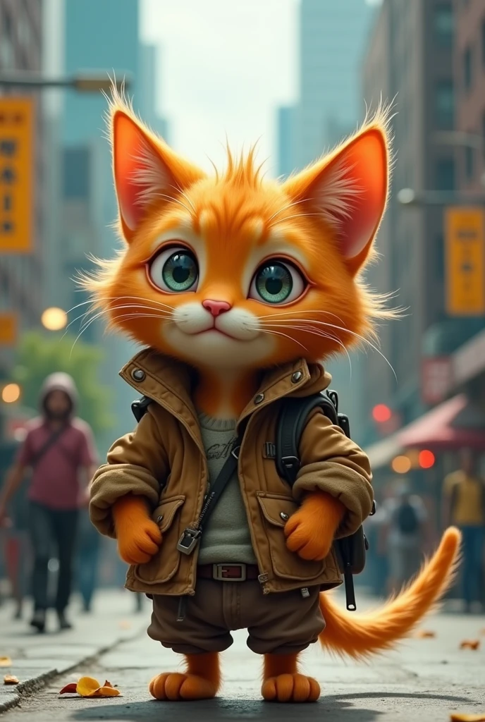 A cute close-up of an orange cat wandering around the city., kitchen, complicated details, ((Construction Cat)) ,Two-legged standing,Torn clothes, Walk on two legs,sad,Sell