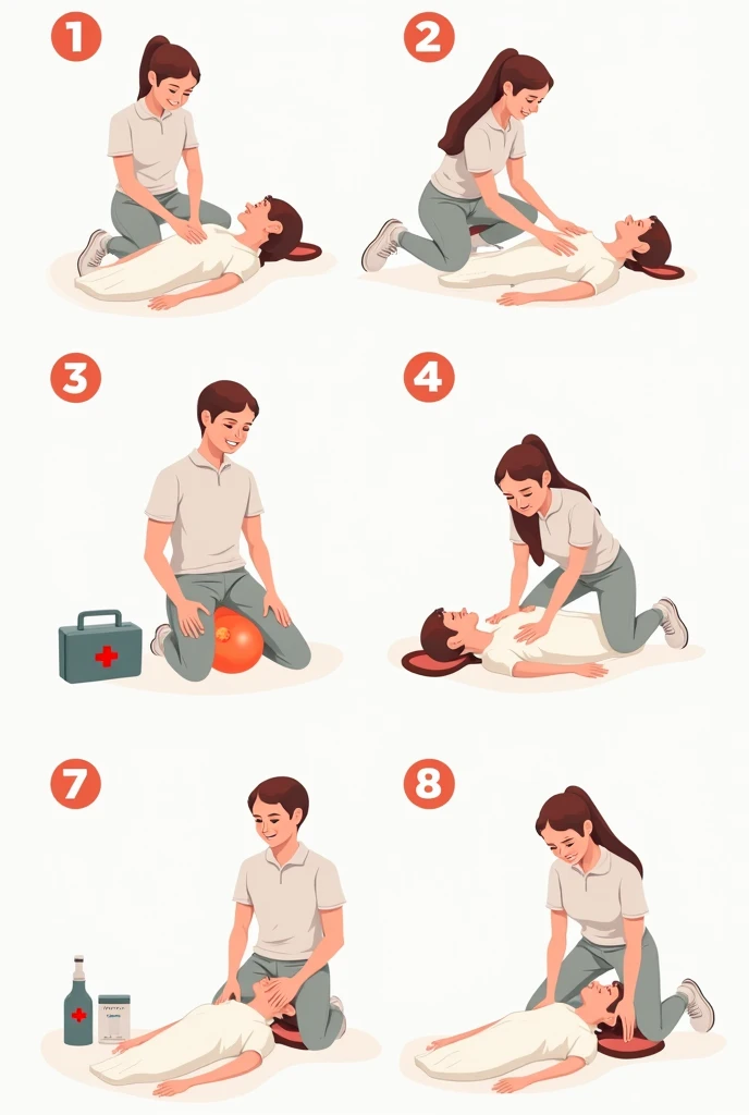 I am looking for an illustration of FIRST AID Drawing style: Modern and vector, with smooth, clean lines, and vibrant colors. Cartoonish but realistic. Color: Using a palette of bright and contrasting colors that are pleasant and eye-catching. FORMAT: Illustrations arranged in a book or manual style. This illustration is intended for a guidance and training manual, so it must be clear, accessible and visually appealing."