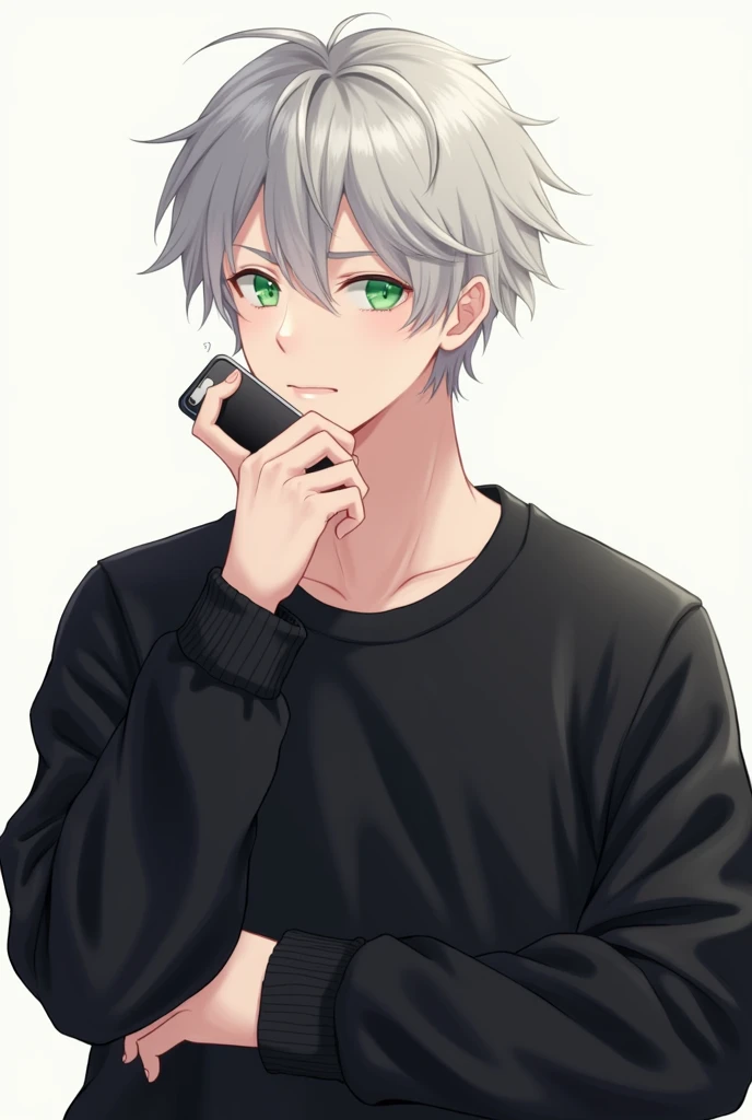 This image is、Shows the illustration of a young man。He is wearing a black sweatshirt、While holding the smartphone in one hand、The other hand is supporting the chin。His hair is short、In pale grey、I feel a little disorganized.、The eyes are bright green。His expression seems a little thoughtful.、It creates a calm atmosphere。The background is simple、His appearance stands out。overall、Stylish and attractive visuals。good looking。