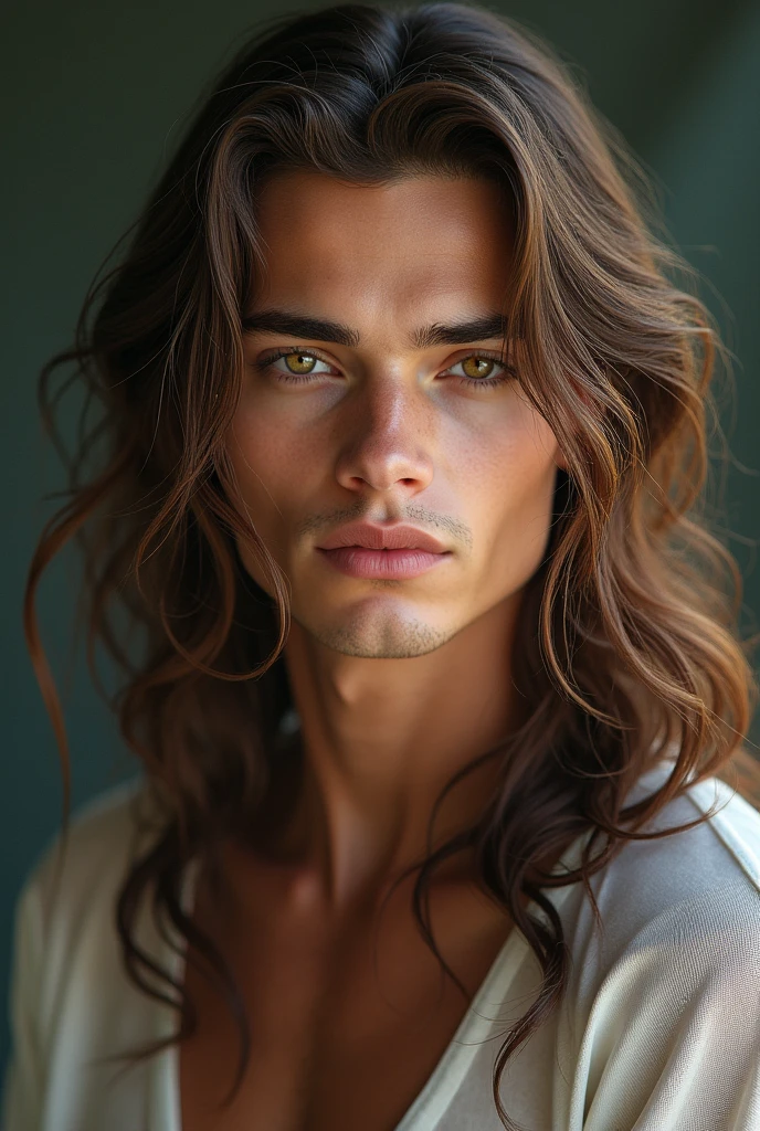 man who is 21 years, white norwegian male, masculine features, the most beautiful man, long brown hair, hunting amber eyes, greek god beauty, ethereal beauty,hunter eyes, hot body, sexy, passionate, V shape chin, L shape jawline, hollow cheeks, high set cheekbones, harmonious symmetrical face, golden ratio, warrior skull, equal third, perfect sexiest face, ethereal beauty, fair skintone, 6'4 tall with aesthetic shredded X shape warrior athletic physique 