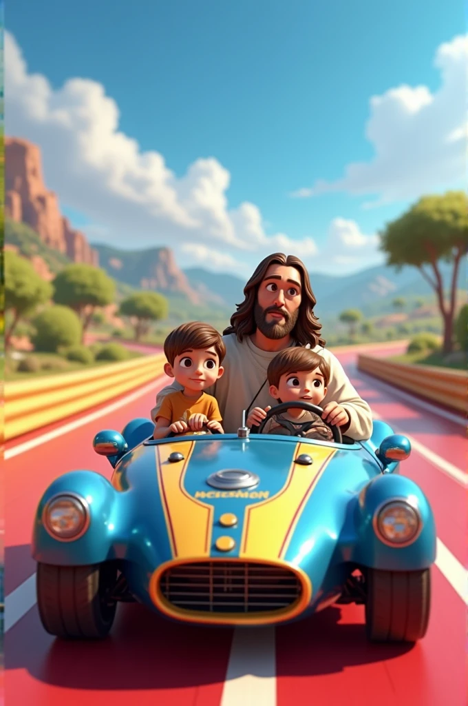 A Disney Pixar style image with Jesus and two  in a car on a race track. Jesus must be driving the car, the steering wheel must be clearly visible 