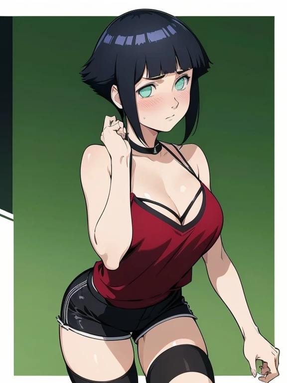 woman, 2, short hair, proportional hands, Yelan anime eyes, perfect body, sensual cleavage, medium breasts, red sleeveless blouse, wearing black micro shorts, sexy shorts, vinyl shorts, Ultra HD, 4k image, image of best quality, (fidelity: 1.4), photoreal, light green eyes, eyelashes, beautiful pupil, shadows, slight blush, delicate facial features, reasonable facial features, exposed waist, natural poses