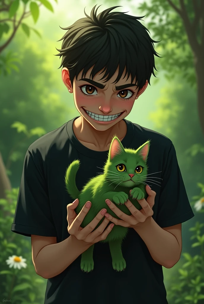 A young man with brown eyes and in black t shirt with evil laugh took up a cute poor little sad green cat in the green garden in his hand