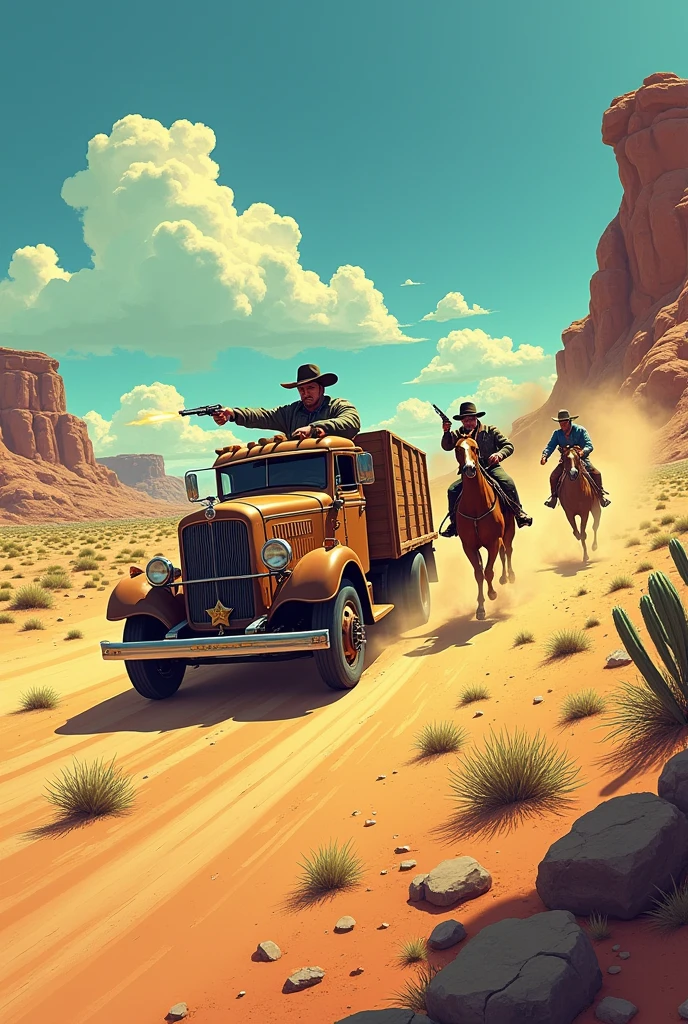 Hyperrealistic color comic from the 1950s in the middle of the desert, the sheriff travels in his truck chasing three cowboys who shoot with their pistols