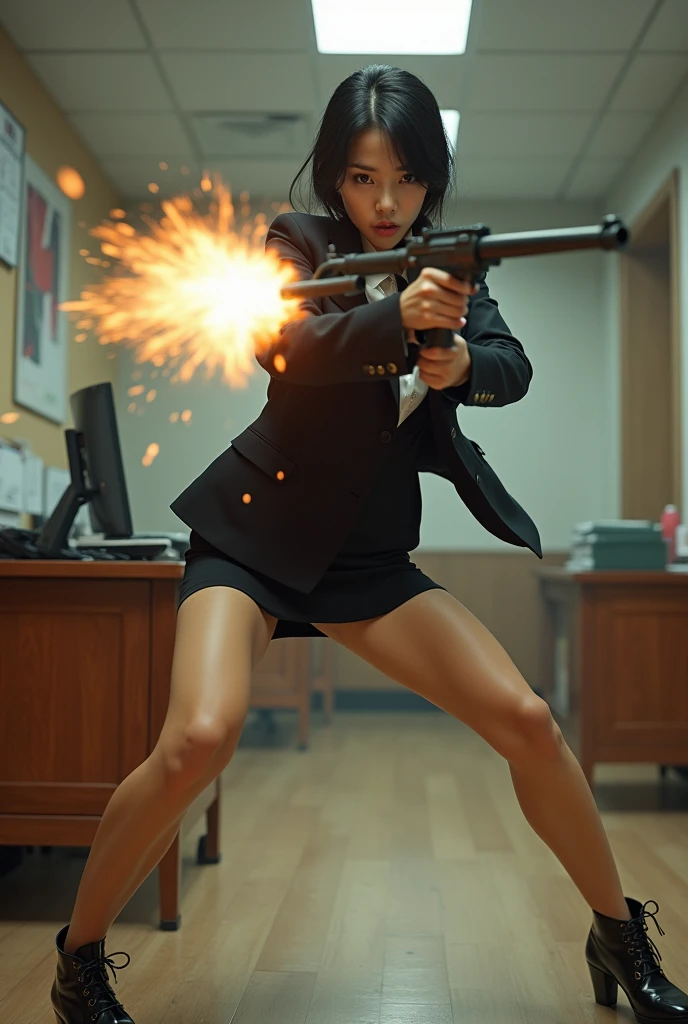beautiful chinese office lady mini skirt realistic machine gun toting hip firing real person legs apart standing rampage shooting side facing