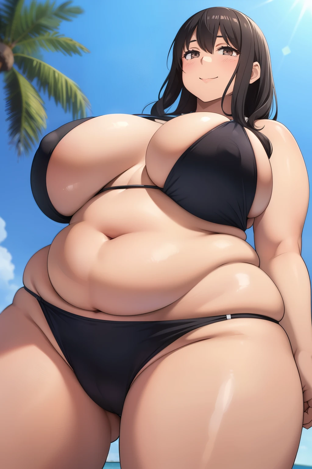 Plump year 21 big breasts black hair brown eyes chubby happy longer hair smile blushing deredere swimsuit view from below