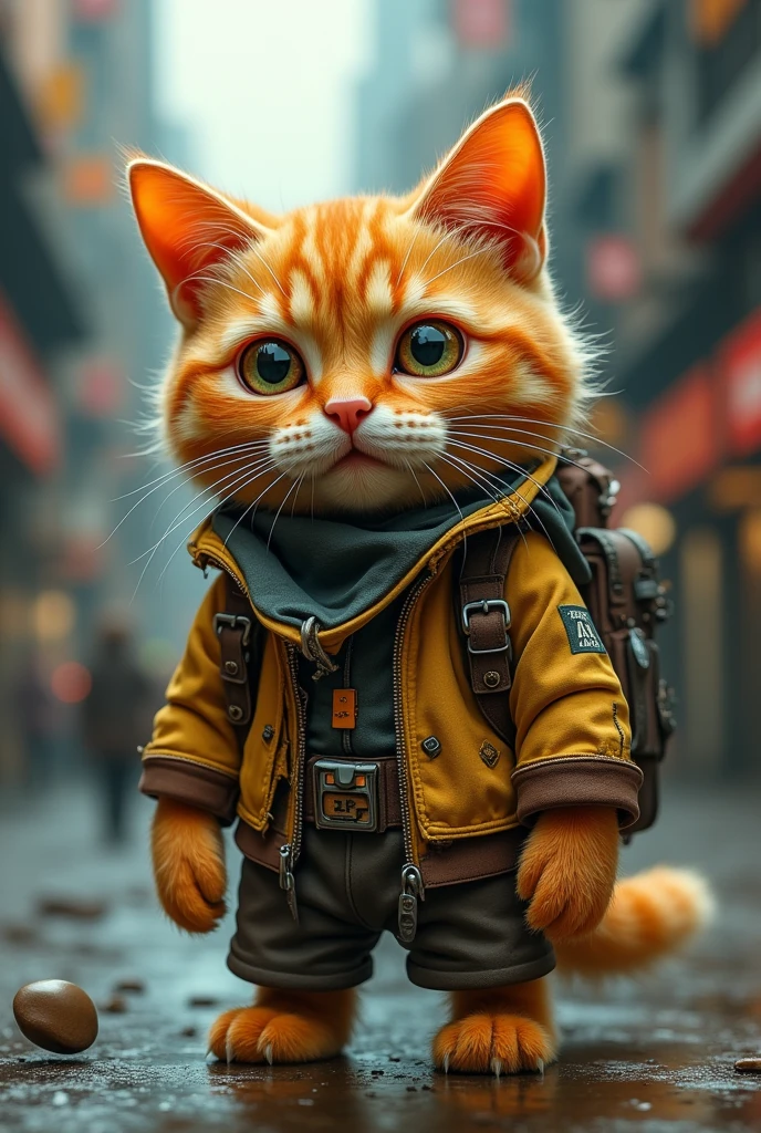 A cute close-up of an orange cat wandering around the city., building, complicated details, ((Engineering cat)) ,Two-legged standing,Torn clothes, Walk on two legs,sad,Cat Calculation